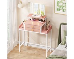 Kaptafel met LED-verlichting en spiegel, kleine cosmeticatafel met 2 stoffen lades, instelbare helderheid en kleurtemperatuur, make-uptafel kaptafel (70 x 31,5 cm, roze)