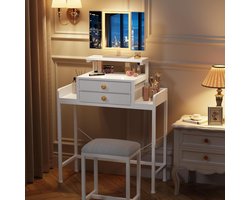 Kaptafel met LED-verlichting en spiegel – Moderne kaptafel met 2 stoffen lades, in hoogte verstelbaar, 3 lichtkleuren, 360° opvouwbare spiegel – Wit – Compacte kaptafel voor slaapkamers en meisjeskamers HomeByNicole