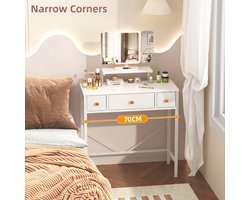 Kaptafel met LED-verlichting en spiegel – Moderne kaptafel met 3 stoffen lades, vergrootspiegel en 3 lichtstanden – Witte make-uptafel voor kinderen, tieners en volwassenen – Compacte cosmeticatafel 70x30x80 cm HomeByNicole