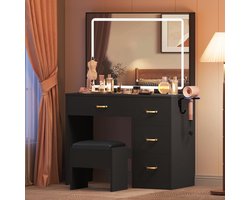 Kaptafel met LED-verlichting en stopcontact – Kaptafel met 4 lades en kruk – Grote spiegel met 3 lichtkleuren – Make-uptafel in zwart – Moderne cosmeticatafel 90x40x136cm HomeByNicole