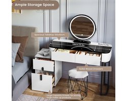 Kaptafel met LED Verlichting & Gehard Glazen Tafelblad – 100x40x125 cm – Zwart/Wit – Met Spiegel, 4 Lades & Mobiele Kast