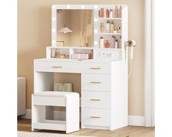 Kaptafel met LED Verlichting, Grote Spiegel, Kruk, Stopcontacten & USB – Make-up Tafel met 5 Laden, Haardrogerhouder en Opbergvakken – Moderne Make-uptafel voor Slaapkamer – 90 x 40 x 139 cm – Zwart – Depauw