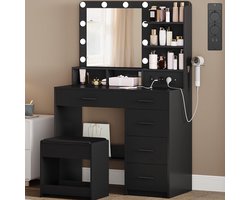 Kaptafel met LED Verlichting, Grote Spiegel, Kruk, Stopcontacten & USB – Make-up Tafel met 5 Laden, Haardrogerhouder en Opbergvakken – Moderne Make-uptafel voor Slaapkamer – 90 x 40 x 139 cm – Zwart – Depauw