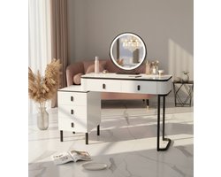 Kaptafel met LED-verlichting & kruk – In hoogte verstelbare spiegel, 3 lichtkleuren, 2 stoffen lades & plank – Witte kaptafel met opbergruimte 80×40×136 cm – Moderne make-uptafel voor slaapkamer & kleedkamer HomeByNicole