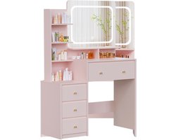 Kaptafel met LED-verlichting, met spiegel, laden, open vakken, dimbare planken, modern design, geschikt voor slaapkamer, roze