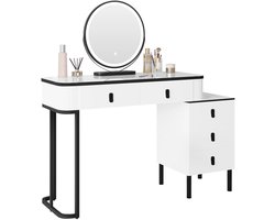 Kaptafel met LED-Verlichting – Mobiele Spiegel – Inclusief Zijkast en Kruk – 100x125x40 cm – 3-Kleuren Verstelbare LED – 5 Lades – E1 MDF, Massief Hout & Metaal – Modern Design – Voor Slaapkamer – Wit/Zwart – Flexibele Montage