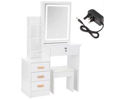 Kaptafel met LED Verlichting & Spiegel | Make-up Tafel met 3 Lichtkleuren (Warm, Koud, Geel) | Veel Opbergruimte (4 Laden + Planken) | Inclusief Krukje | Afsluitbare Lade | Wit - Modern Design