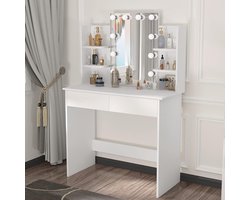 Kaptafel met LED Verlichting & Spiegel - Modern Make-up Tafel met Opbergruimte in Wit