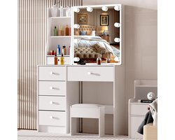 Kaptafel met Schuifspiegel en Verlichting voor Slaapkamer - Make-uptafel met Laden en Planken - Verborgen Opbergruimte - H41-090015 (wit 36 x 80 x 131cm) make up tafel