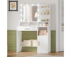 Kaptafel met Spiegel en 10 LED Lampen – Make-uptafel 80x40x140 cm met Verstelbare Lichtsterktes, 3 Planken, 4 Open Vakken, Grote Lade & Kast – Moderne Witte Make-Up Bureau voor Slaapkamer