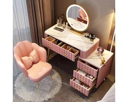 Kaptafel met Spiegel en Fluwelen Kruk 80x40x76 cm – Luxe Make-uptafel met Granieten Tafelblad, 5 Laden en Opbergkast – Moderne Kaptafel voor Slaapkamer of Dressing Room – Rosa – Depauw
