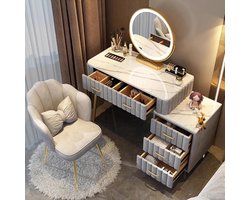 Kaptafel met Spiegel en Fluwelen Kruk 80x40x76 cm – Luxe Make-uptafel met Granieten Tafelblad, 5 Laden en Opbergkast – Moderne Kaptafel voor Slaapkamer of Dressing Room – Grau – Bellavero