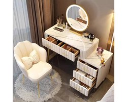 Kaptafel met Spiegel en Fluwelen Kruk 80x40x76 cm – Luxe Make-uptafel met Granieten Tafelblad, 5 Laden en Opbergkast – Moderne Kaptafel voor Slaapkamer of Dressing Room – Wit – Bellavero