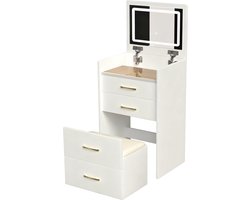 Kaptafel Met Spiegel En Kruk - Transparant Glazen Blad En Drie Lades - Compacte Make-up Tafel Voor De Slaapkamer - Wit MDF