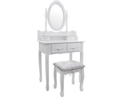 Kaptafel - met spiegel en krukje - 75x40x147 cm - wit