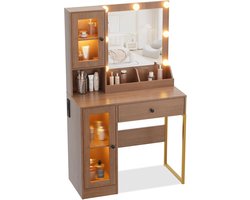 Kaptafel Met Spiegel en LED Verlichting - naturel houtkleur- Moderne Make up Tafel - Ruime Opbergruimte