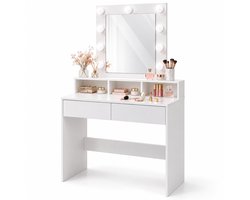 Kaptafel - met spiegel en verlichting - 140 x 80 x 40 cm - 2 lades - wit