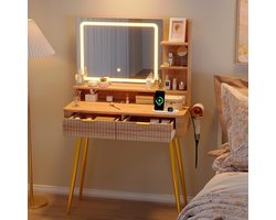Kaptafel met spiegel en verlichting, hoekkaptafel met opbergruimte, 2 lades, 3 verlichtingsstanden, make-up voor de slaapkamer, natuurlijke houtkleur