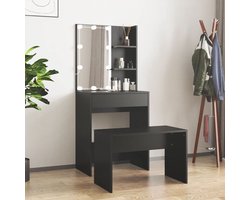 Kaptafel met spiegel en verlichting - Make up tafel - Make up - Toilettafel -Met lades - Bankje - 60 x 40 x 140 cm - Zwart