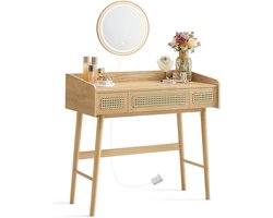 Kaptafel met Spiegel en Verlichting - Vanity Set - Make-uptafel - Massief Houten Poten - MDF - Eiken Beige - 43cm x 90cm x 82cm
