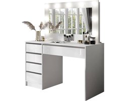 Kaptafel met Spiegel en Verlichting - Wit Hoogglans Make-up Tafel met Opbergruimte