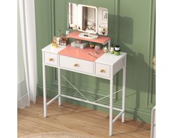 Kaptafel met verlichting en spiegel, kleine kaptafel met 3 stoffen lades, make-uptafel, kaptafel, cosmeticatafel, voor kinderen en meisjes, cadeau, 30D x 70B, wit-roze
