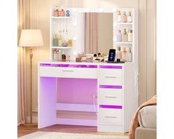 Kaptafel met Verlichting-Stopcontacten- RGB - Glazen blad-4 Laden- 4 Planken - Slaapkamer - Wit