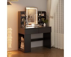 kaptafel met Verstelbare LED Verlichting en grote spiegel, Make-up Tafel met 2 grote laden, zijopslag, 4 open compartimenten, 3 lichtsterktes,moderne slaapkamers,kleedkamers (zwart)