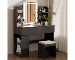 Kaptafel met Verstelbare LED Verlichting en Grote Spiegel – Make-up Tafel met Krukje, 2 Grote Lades, Zijopslag, 4 Open Compartimenten, 3 Lichtsterktes – zwart