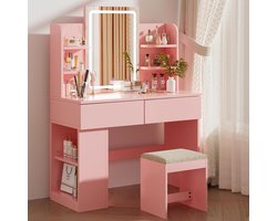 Kaptafel met Verstelbare LED Verlichting en Grote Spiegel – Make-up Tafel met Krukje, 2 Grote Lades, Zijopslag, 4 Open Compartimenten, 3 Lichtsterktes – Rose