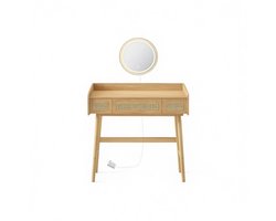 Kaptafel Multifunctionele Make-uptafel 43×90×82 cm Naturel Met Verstelbare Verlichte Spiegel en Rotan Design, 3 Laden, Boheemse Stijl, Geschikt voor Slaapkamer en Make-upruimte