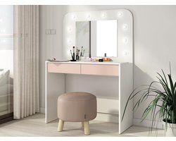 Kaptafel Noaahome LUMINA – LED Spiegel & Opbergruimte – Vintage Wit & Poederroze – Make-up Tafel met Laden – 100x42x142 cm – Stijlvolle Slaapkamer / Dressing Meubel