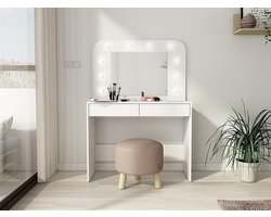 Kaptafel Noaahome LUMINA – LED Spiegel & Opbergvakken – Vintage Wit – Make-up Tafel met 2 Laden – 100x42x142 cm – Stijlvolle Slaapkamer / Dressing Meubel