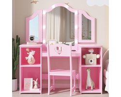 Kaptafel - Roze kinder kaptafel met drievoudige spiegel en ledverlichting, kaptafel en krukje set van MDF, prinsessenkaptafel