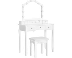 Kaptafel Set - Make-Up Tafel - Kruk - Spiegel - Verlichting - Opbergdoos - 6 Compartimenten - 5 Laden - Wit - Bewerkt Hout - 80 x 40 x 139 cm