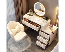 Kaptafel set met 3 kleuren LED spiegel en stoel, 5 laden, stenen plaat, hout, metaal, wit/grijs/roze, Scandinavische stijl