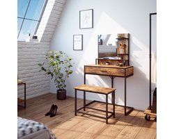 Kaptafel Set met Bank en Spiegel - 80 cm Breed - Rustiek Eikenhout en Zwart Metaal
