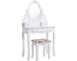 Kaptafel uitsnijding kaptafel met spiegel en kruk - 4 lades incl. 2 verdelers - kantelbeveiliging - wit - 40cm x 75cm x 139cm