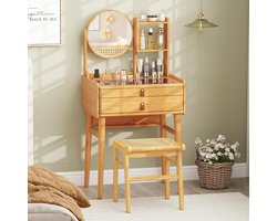 Kaptafel van bamboe met 360° draaibare spiegel, glazen blad en stoel – Moderne kaptafel met lades en plank – Natuurlijke cosmeticatafel voor slaapkamer en woonkamer, 60x46,5x122 cm HomeByNicole