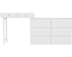 Kaptafel - Zonder Stoel en Spiegel - Inclusief Uittrekbare Ladekast - Opbergkast - 180 x 40 x 85cm - Drie Niveaus - Zes Lades - Wit