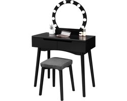 Kaptafel Zwart met LED Verlichting – Luxe Make-Up Tafel met Spiegel en Kruk