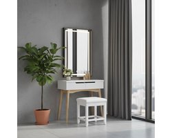 Kaptafelkruk Wit 48x43x46 cm – Luxe Gestoffeerde Zitkruk met Houten Poten, Rubberen Voeten & PU-Lederen Bekleding – Comfortabele Make-up Kruk voor Slaapkamer, Badkamer of Woonkamer – 130 kg Draagvermogen – Medahomestore