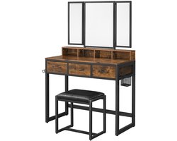 Kaptafelset 90 x 40 x 141 cm Bruin + Zwart, Make-uptafel met Driedelige Spiegel en Gestoffeerde Kruk 42 x 28,6 x 42,5 cm, 3 Laden, 4 Open Opbergvakken, Opbergmand en Föhnhouder, Make-up Tafel voor Slaapkamer