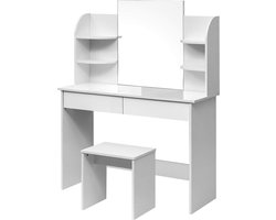 Kaptafelset met kruk en spiegel - Kaptafel - Make-uptafel - Hoogwaardig hout - Voldoende opbergruimte - Grote spiegel - Duurzaam ontwerp - 40 cm x 143 cm x 108 cm