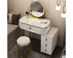 Kaptafelset met LED-spiegel en kruk – Witte kaptafel met dimbaar licht, 4 lades en zijkast – Moderne make-uptafelset voor slaapkamer en kleedkamer HomeByNicole