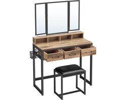Kaptafelset - Vanity Desk - Make-uptafel - Spaanplaat - Stalen poten - Glazen blad - Kunstleerkruk - 40 cm x 90 cm x 141 cm