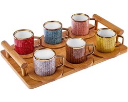Karaca Bambu - Gekleurde Koffiekopjes Set voor 6 Personen - Elegante 90 ml Koffiekopjes met Dienblad