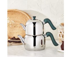 Karaca Edana Theepotset Medium - RVS - Inductie - 1,35L + 1,95L - Groen/Zilver - Dubbele Theeketel - theepot