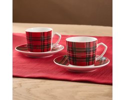 Karaca Ekose V2 - Espresso & Turkse Koffiekopjes met Schotels – 4-delig – 2 Personen – 80 ml – Bone China – Rood/Zwart – Vaatwasserbestendig