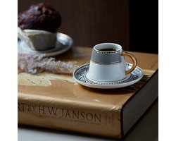 Karaca Globe Turkse koffiekopjes, set met schoteltjes, voor 6 personen, 12-delig, 6 espressokopjes en 6 schoteltjes, mochatbekers, cappuccino, koffieserviesset van porselein
